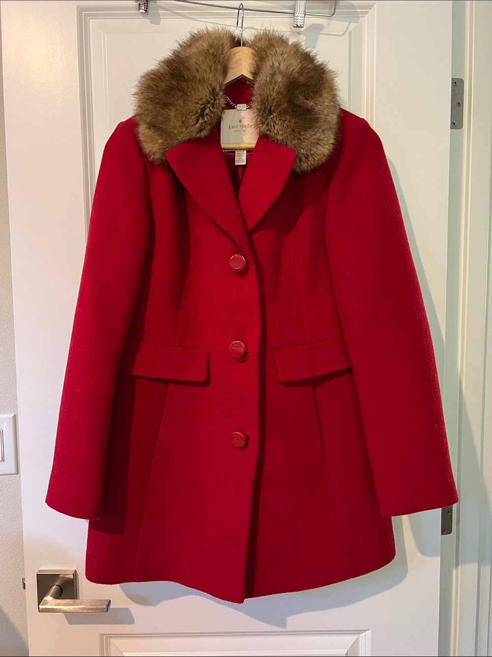 Kate Spade Red Stunning Wool Blend Coat with Faux Fur Collar